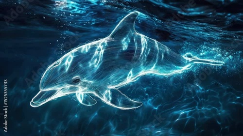 Glowing dolphin swims underwater, ethereal blue light