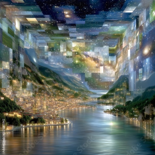 Surreal Night Cityscape  Cosmic Collage  Fantasy Lake  Starry Sky  Digital Art