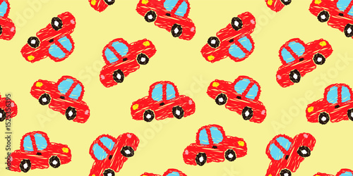 cartoon red car seamless pattern children scribble drawing style vector illustration
