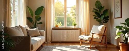 A cozy living room, sunlight streaming through a window, highlighting a comfortable sofa and inviting armchair Perfect for relaxation and peaceful home vibes , living room, apartment