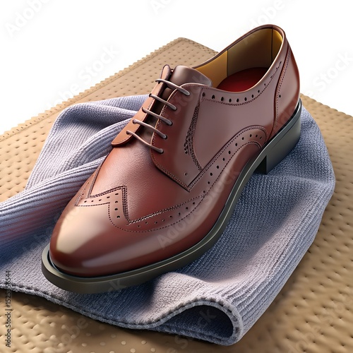 Brown leather brogue shoe on soft cloth