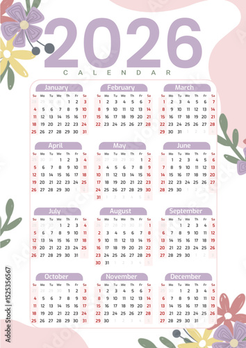 Floral 2026 Calendar Template with Pastel Colors, Cute Yearly Layout, Editable EPS Vector Design

