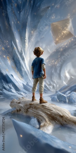 Boy  Waterfall  Monolith  Mystical Fantasy Scene