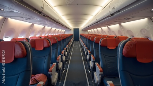 Airplane cabin and aisle with empty comfortable seats in economy class inside of plane			
