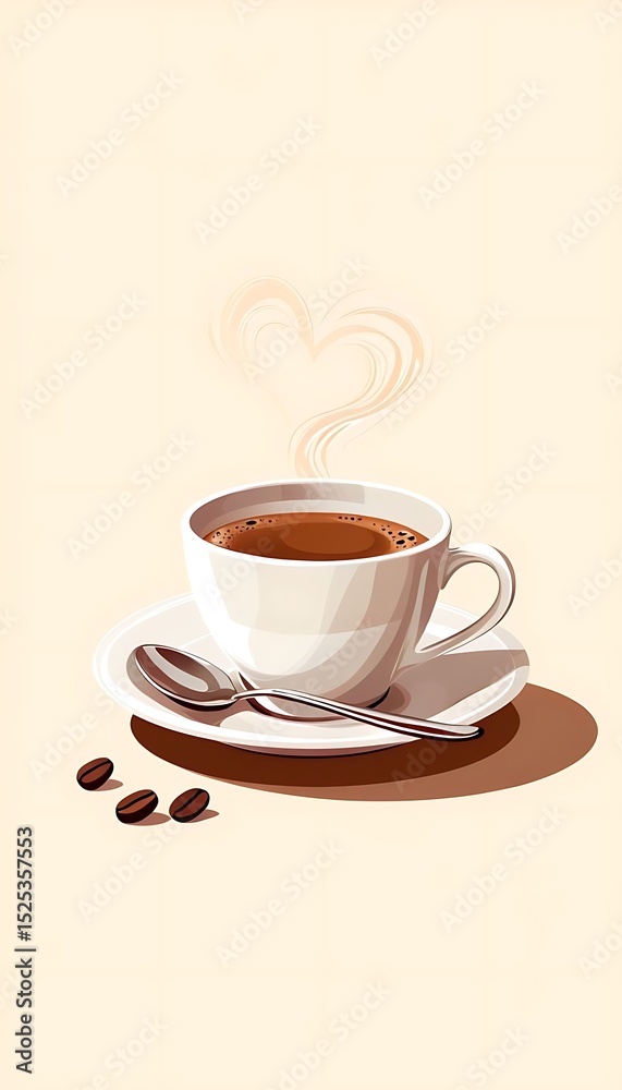 Obraz premium White Coffee Cup With Heart-Shaped Steam And Coffee Beans