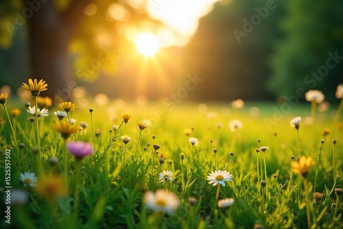 Golden hour sunlight bathes a lush green meadow, wildflowers in bloom, a tranquil summer scene perfect for relaxation and escape , bright, fresh