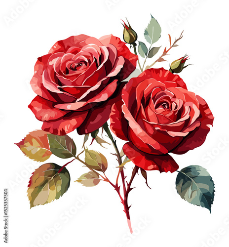 Watercolor illustration of red roses with green leaves, hand-painted floral art, isolated on transparent background. Elegant botanical clipart for design and decoration