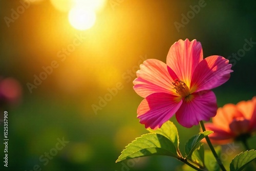 Golden hour sunlight streams through leaves onto a vibrant blooming flower, radiating joy and serenity Perfect for themes of optimism, well-being, and inner peace , joyful, calm