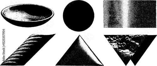 Abstract geometric shapes with line art and halftone techniques