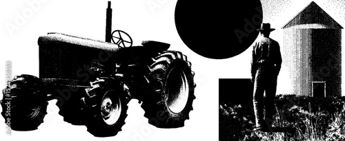 Minimalist farming scene with tractor and silo in stippling and halftone texture
