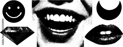 Minimalist stippled engraving design with smiling faces and geometric shapes