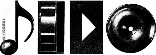Minimalist engraving with stippling and halftone texture featuring musical and play symbols