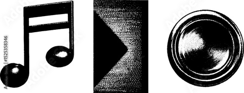 Minimalist engraving art with musical note and abstract geometric shapes