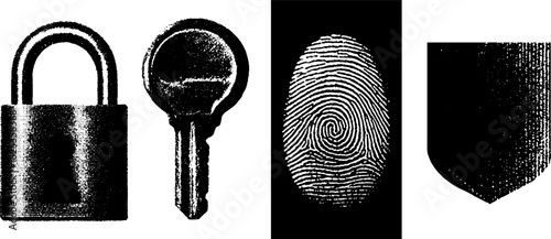 Minimalist engraving and stippling textures of security elements with padlock, key, fingerprint, and shield design