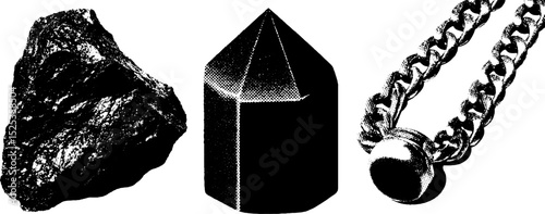 Minimalist engraving of textured objects featuring stippling and halftone techniques
