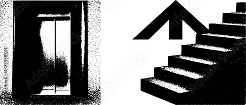 Minimalist engraving featuring stippled staircase and geometric arrow with halftone texture