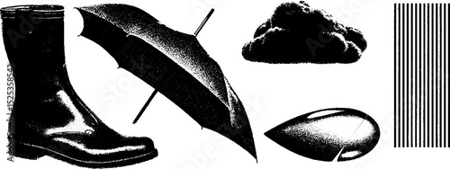 Minimalist weather elements: stippled boot, umbrella, cloud, and raindrop design