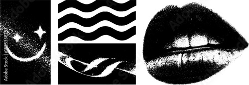 Minimalist engraving with halftone texture featuring smile, waves, and lips