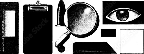 Minimalist engraving with stippling and halftone texture featuring magnifying glass and eye
