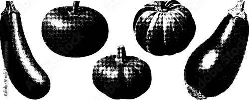 Minimalist engraving of vegetables and fruits in stippling and halftone texture