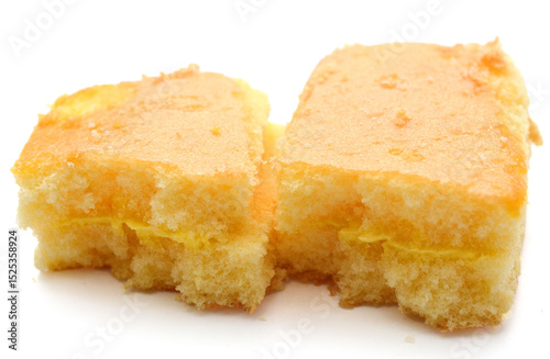 There was a small cake on a white background 
