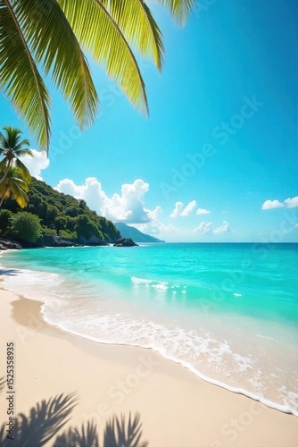 Vibrant summer scene with sun-drenched beach, turquoise ocean waves, and clear blue sky Perfect for travel, vacation, and holiday themes , summer, travel