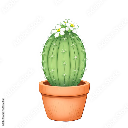Green cactus in terracotta pot with white flowers.
