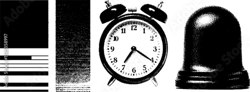 Minimalist engraving with stippling and halftone texture featuring alarm clock and bell design