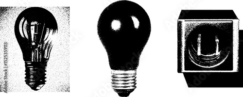 Minimalist engraving of light bulbs with stippling and halftone texture for modern design