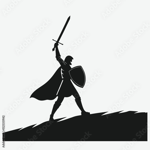 A knight holding a sword and shield under moonlight  silhouette image vector art and illustration	