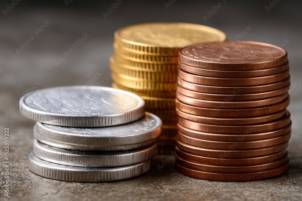 Stacked coins in gold silver and copper hues on a textured gray surface Stacked coins in gold silver and copper hues on a textured gray surface