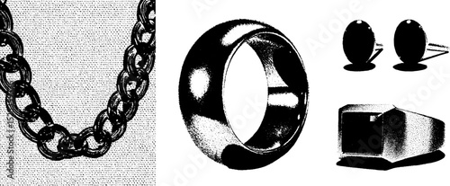 Modern minimalist jewelry designs featuring engraving and stippling techniques for artistic textures