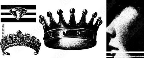 Minimalist engraving with crown and diamond in stippling and halftone texture for art design