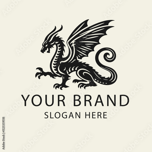 Sleek black and white flat vector logo illustration of a dragon, perfect for a modern brand, gaming team, or mythical design project.