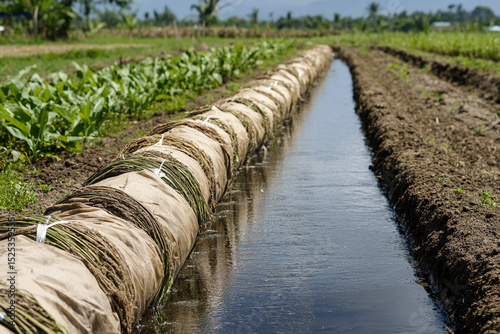Water furrow nurturing crops in a fertile field Generative AI