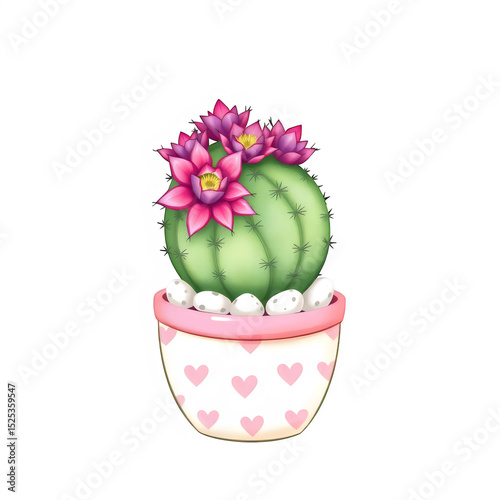 Cute spiny cactus blooming in heart-patterned pot.