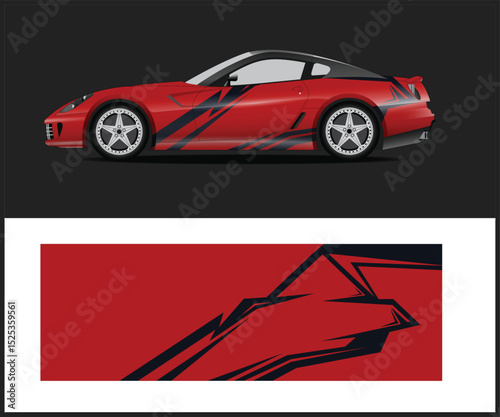 Red Sports Car with Abstract Black Vinyl Wrap Design