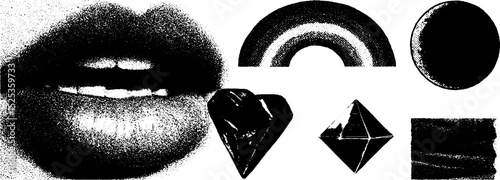 Minimalist stipple and halftone artwork with geometric shapes and textured elements