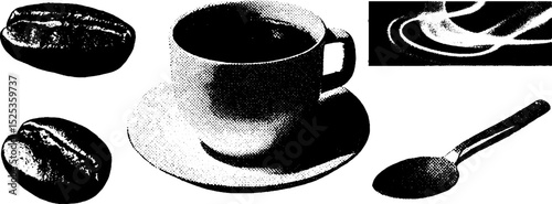 Minimalist coffee art with stippling and halftone texture featuring cup, beans, and spoon