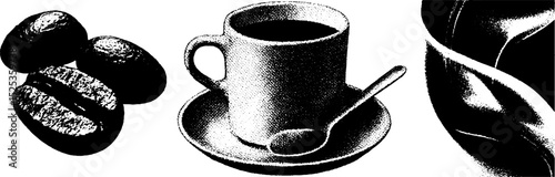 Minimalist coffee scene with engraving style featuring cup, beans, and spoon