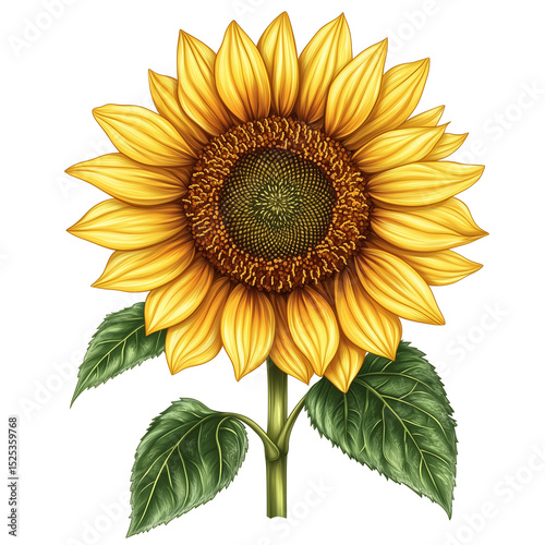 Vibrant Sunflower with Leaves - Cheerful Bloom on Transparent Background