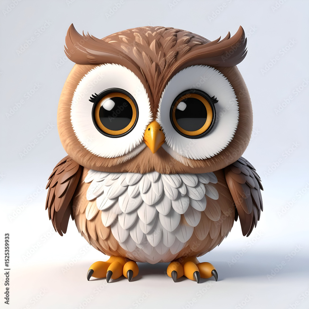 Obraz premium Round and adorable 3D cartoon owl with big glowing eyes, perched quietly with a sweet expression.