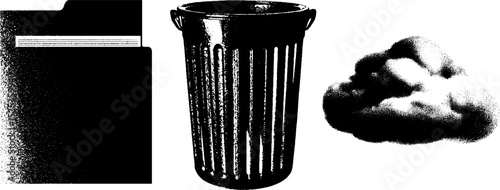 Minimalist engraving art featuring folder, trash can, and cloud