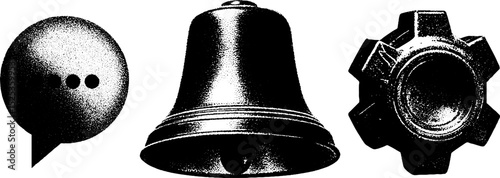 Minimalist engraving of speech bubble, bell, and gear with stippling and halftone texture