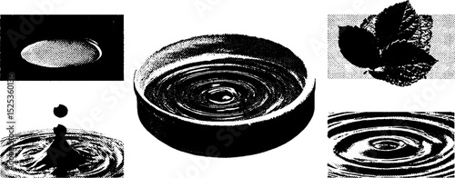 Engraving style water droplets and ripples with halftone texture design for artistic prints