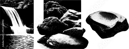 Realistic engraving of nature scenes with waterfall and rocks in stippling texture