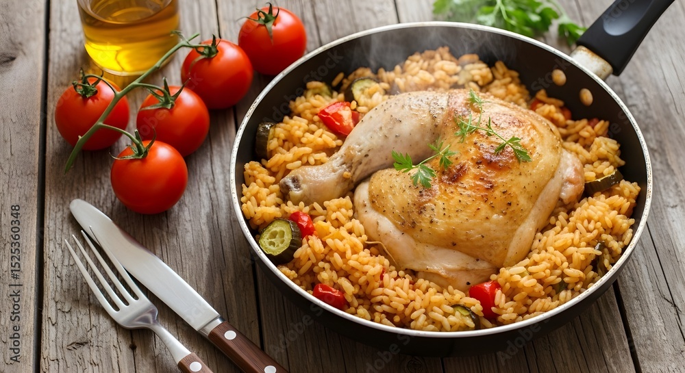 Baked chicken with serbian djuvec rice and vegetables in a frying pan on wooden,chicken with serbian djuvec rice and vegetables dinner recipe Baked chicken with serbian djuvec rice and vegetables in a frying pan on wooden,chicken with serbian djuvec rice and vegetables dinner recipe