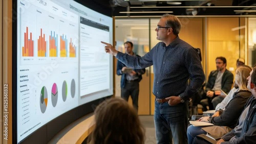 Business presentation with data visualization on large screen.  A group of people are attending a presentation where a presenter is highlighting data charts on a large screen display