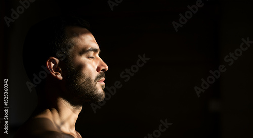 portrait of young man, side view of Human face copy space left dark black background 