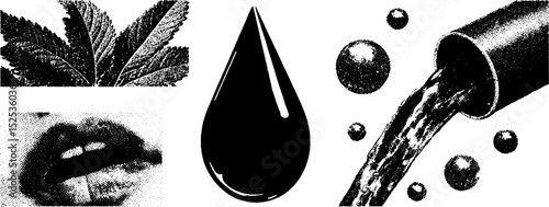 Realistic engraving and stippling texture with leaf, water droplets, lips, and halftone elements